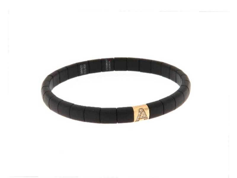 BRACCIALE IN CERAMICA NERA OPACA CON LETTERA A IN DIAMANTI BROWN SU ORO ROSA  LETTERINE PURA ROBERTO DEMEGLIO PU4NADBWORS